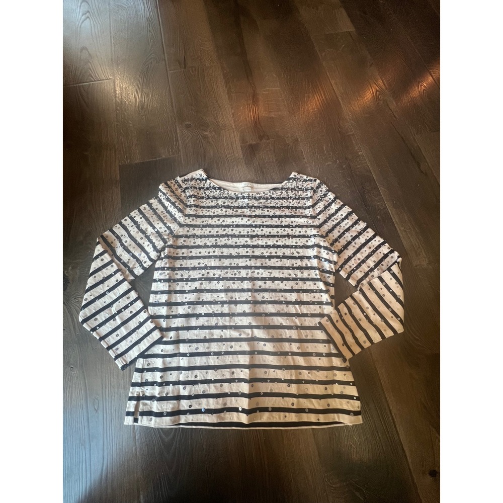 J.Crew Womens Sequin Striped Long Sleeve Tee Navy Cream E4798 Size L